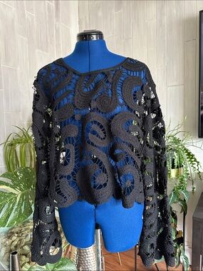 H&M Black Crochet Openwork Crewneck Sweater